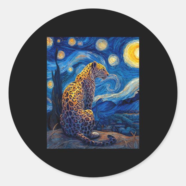 Sticker Rond Leopard - Van Gogh Style Starry Night Funny Graphi (Devant)