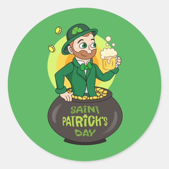 Sticker Rond Leprechaun de dessin dans une casserole d'or tenan (Devant)
