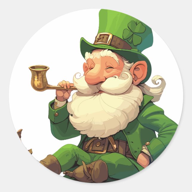 Sticker Rond Leprechaun souriant avec tuyau (Devant)