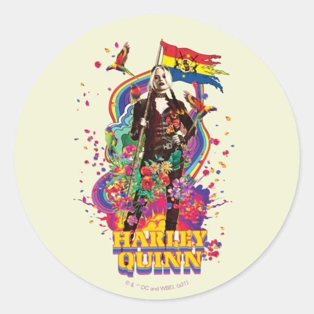 Sticker Rond L'équipe du suicide | Harley Quinn Flowers & Rainb (Devant)