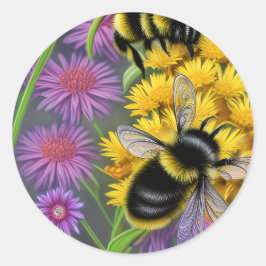 Sticker Rond Les abeilles dans une prairie à fleurs