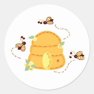 Sticker Rond Les abeilles occupées avec leur ruche