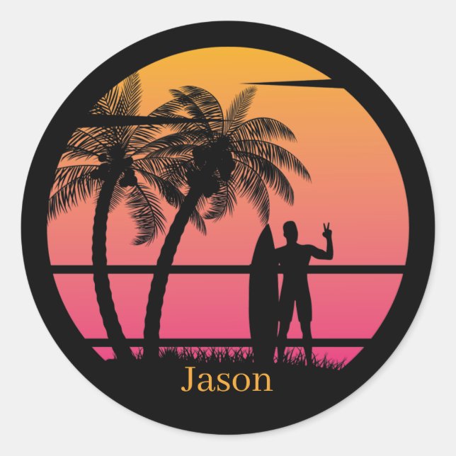 Sticker Rond Les amateurs de surf de plage cool (Devant)