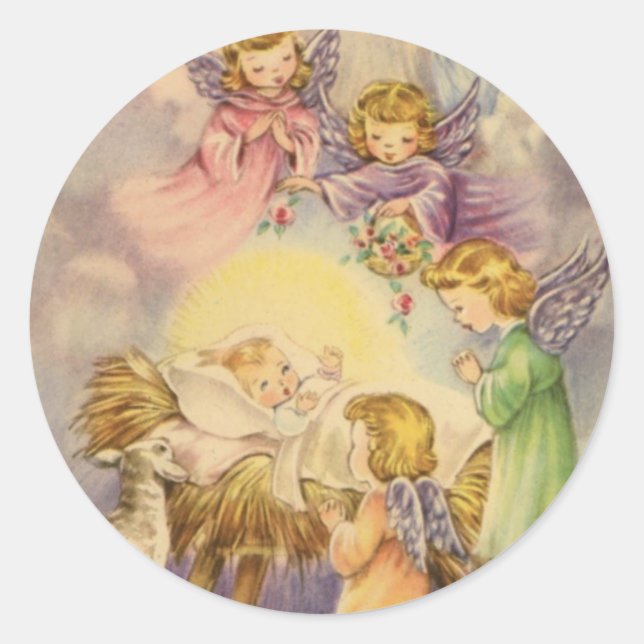 Sticker Rond Les anges regardent le bébé Jésus (Devant)