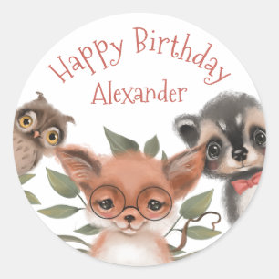 Sticker Rond Les animaux boisés mignons Joyeux anniversaire pou
