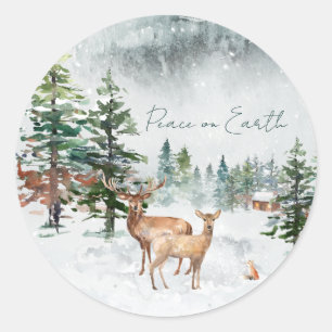 Sticker Rond Les animaux de la forêt d'hiver Paix sur terre Noë