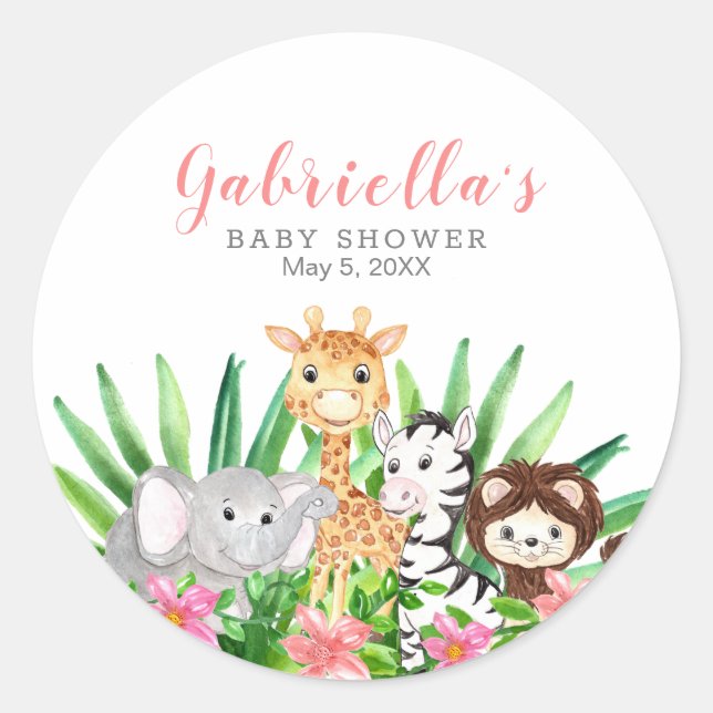 Sticker Rond Les animaux de Safari mignons | Baby shower rose (Devant)