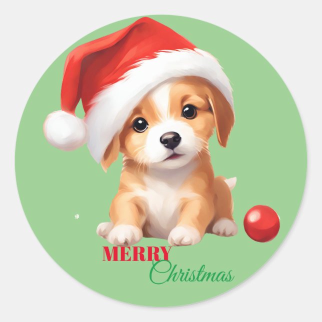 Sticker Rond Les animaux mignons chiot d'hiver Chien Père Noël  (Devant)