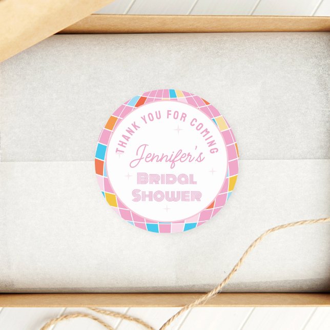 Sticker Rond les années 70 Merci De Fête des mariées Disco Rose (Créateur téléchargé)