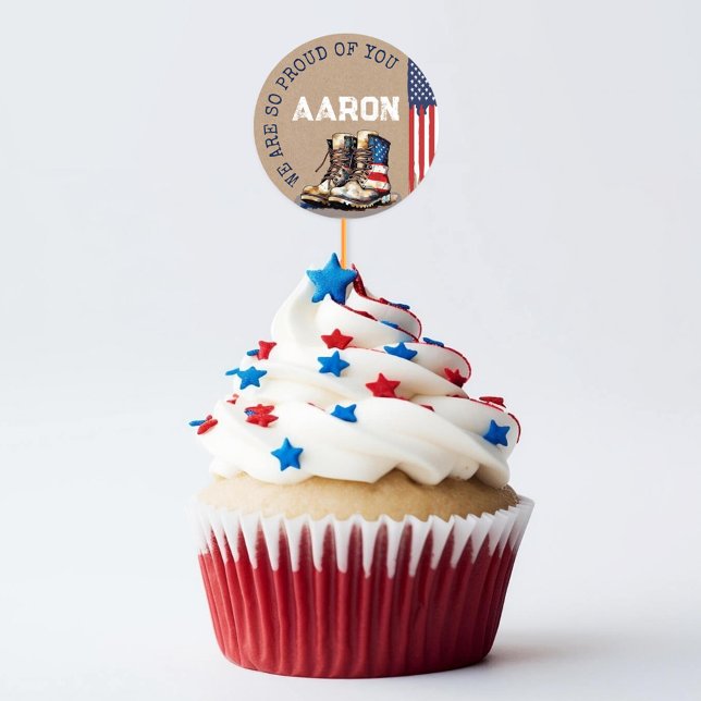 Sticker Rond Les Bottes Militaires Drapeaux RUSTIQUES En Train  (Rustic Kraft patriotic US flag boots custom name military going away party cupcake pick stickers set)