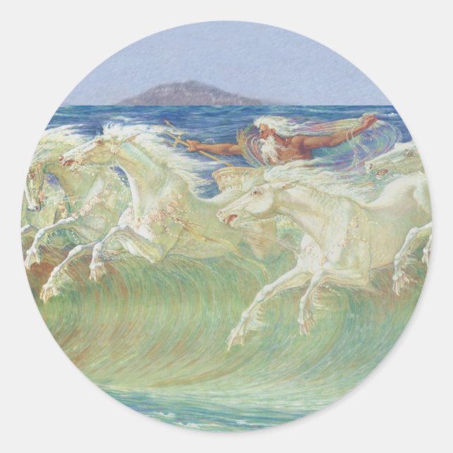 STICKER ROND LES CHEVAUX DU ROI NEPTUNE MARCHENT LES VAGUES (Devant)