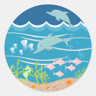 Sticker Rond Les dauphins nageant sous la mer