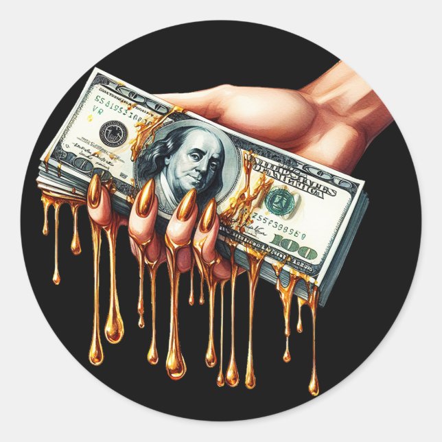 Sticker Rond les femmes donnent 100 dollars de billet d'or liqu (Devant)