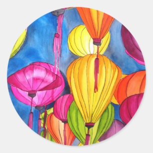 Sticker Rond Les fines aquarelles des lanternes chinoises