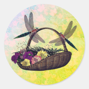 Sticker Rond Les libellules sur le panier de fleurs Nature