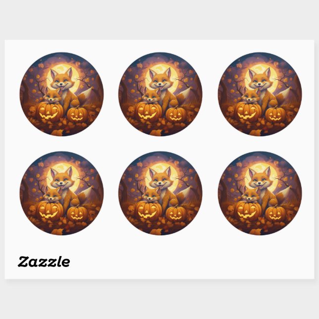 Sticker Rond Les mignons renards fêtent l'Halloween (Feuille)