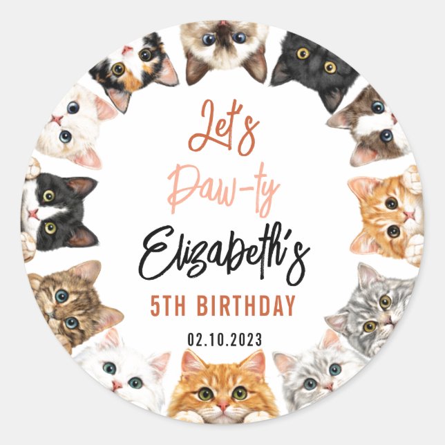 Sticker Rond Let's Pawty Cat 5th Birthday | Custom Birthday Kid (Devant)