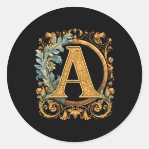 Sticker Rond Lettre A Avec Défilement Et Bordure Florale Bleue