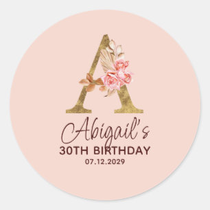 Sticker Rond Lettre A Monogramme Or Roses Rose Pâle