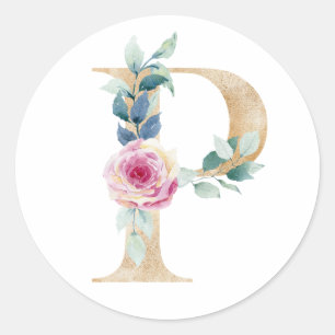 Sticker Rond Lettre aquarelle P avec rose