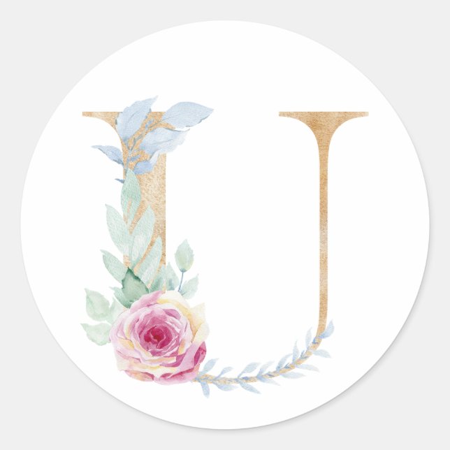 Sticker Rond Lettre aquarelle U avec roses (Devant)