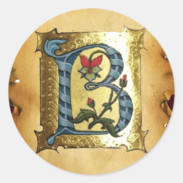 STICKER ROND LETTRE BLEUE OR B AVEC MONOGRAM FLEURS (Devant)