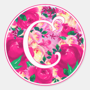 Sticker Rond Lettre C Aquarelle rose Monogramme circulaire