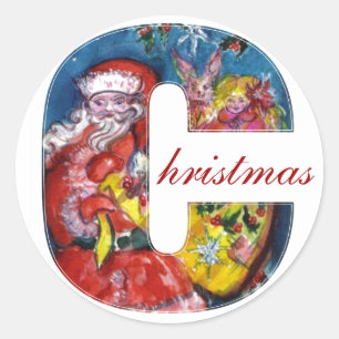 STICKER ROND LETTRE C DE NOËL / PÈRE NOËL AVEC CADEAUX MONOGRAM