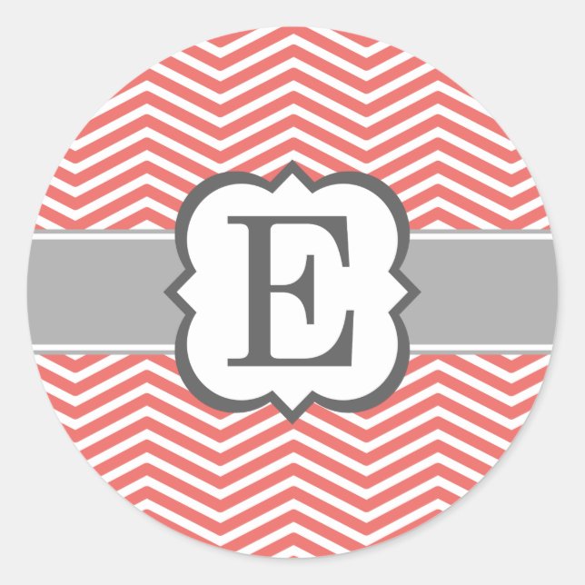 Sticker Rond Lettre corail blanc monogramme E Chevron (Devant)