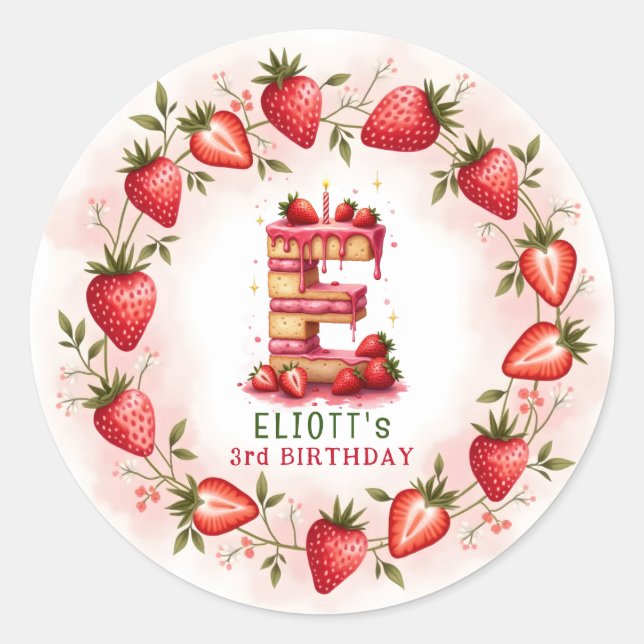 Sticker Rond LETTRE D'ANNIVERSAIRE fraise E Gâteau (Devant)