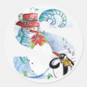 STICKER ROND LETTRE DE NOËL, MONOGRAMME SÉRÉNADE DE PENGUIN