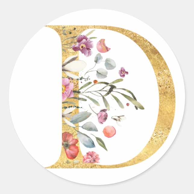 Sticker Rond Lettre d'or D avec fleurs (Devant)