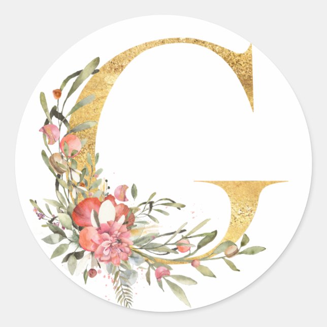 Sticker Rond Lettre d'or G avec fleurs (Devant)
