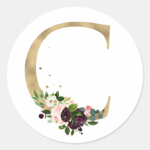 Sticker Rond Lettre d'or MONOGRAMM boho bordeaux fleurs