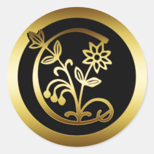 STICKER ROND LETTRE D'OR MONOGRAMME FLORALE C