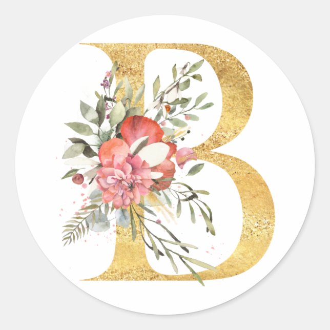 Sticker Rond Lettre dorée B avec des fleurs (Devant)