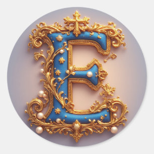 Sticker Rond Lettre E bleue ornée