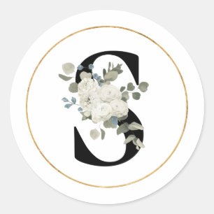Sticker Rond LETTRE Élégante MONOGRAPHIQUE Florale Blanche S 