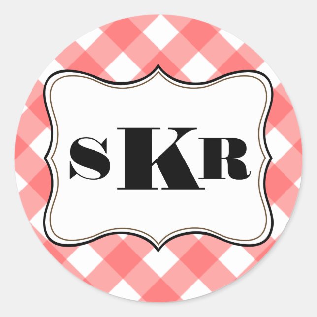 Sticker Rond Lettre en vichy 3 monogramme rouge style pays (Devant)