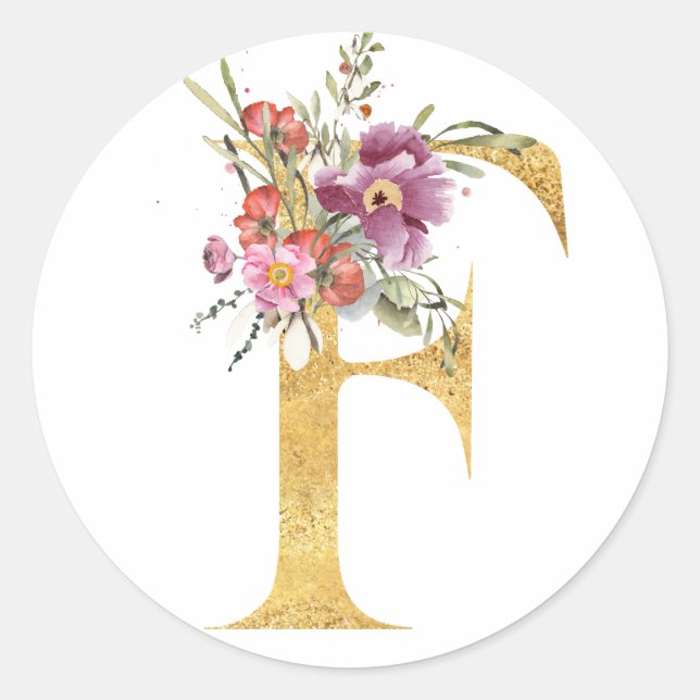 Sticker Rond Lettre F dorée avec des fleurs (Devant)