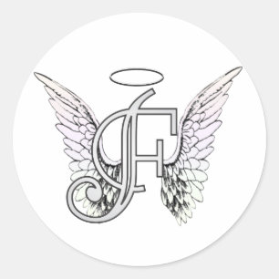 Sticker Rond Lettre F Monogramme initial avec ailes angéliques 