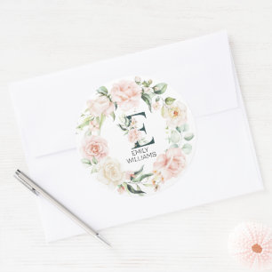 Sticker Rond Lettre florale initiale E cadre floral