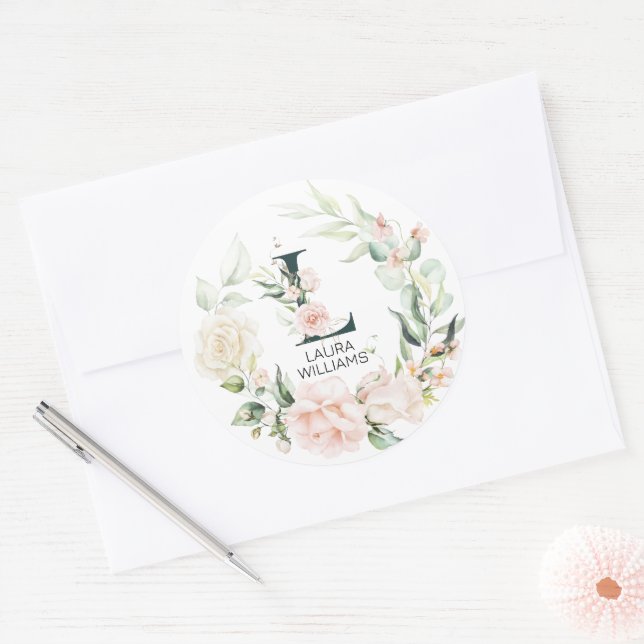 Sticker Rond Lettre florale initiale L cadre floral (Enveloppe)