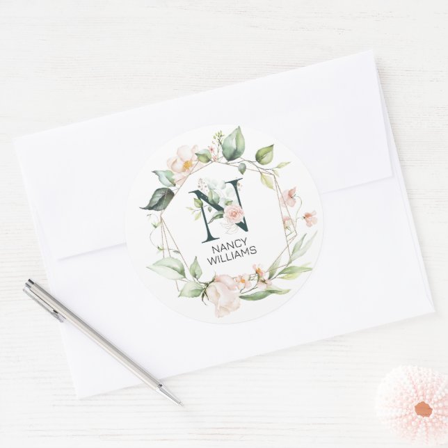 Sticker Rond Lettre florale initiale N cadre floral (Enveloppe)