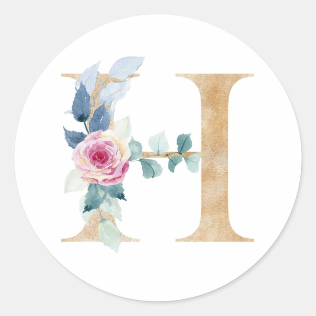 Sticker Rond Lettre H aquarelle avec roses (Devant)