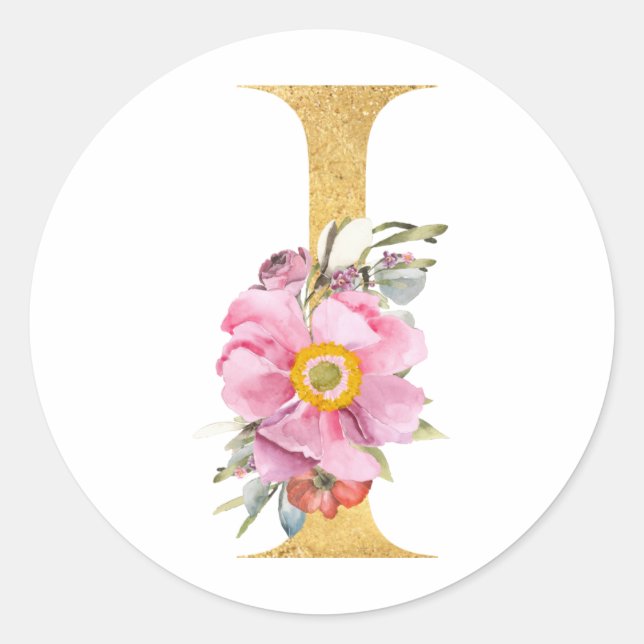 Sticker Rond Lettre I en monogramme doré avec fleurs (Devant)