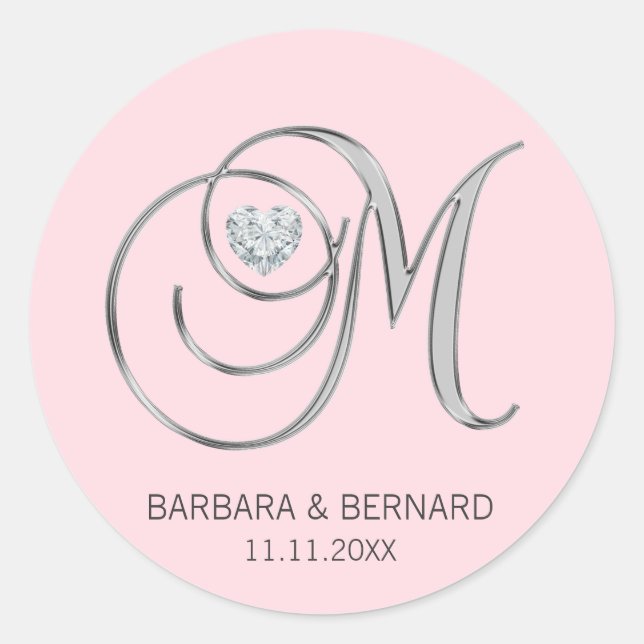 Sticker Rond LETTRE M Mariage MONOMOBILE EN ARGENT ROSE BLANC (Devant)