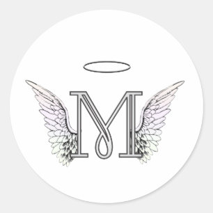 Sticker Rond Lettre M Monogramme initial avec ailes angéliques 