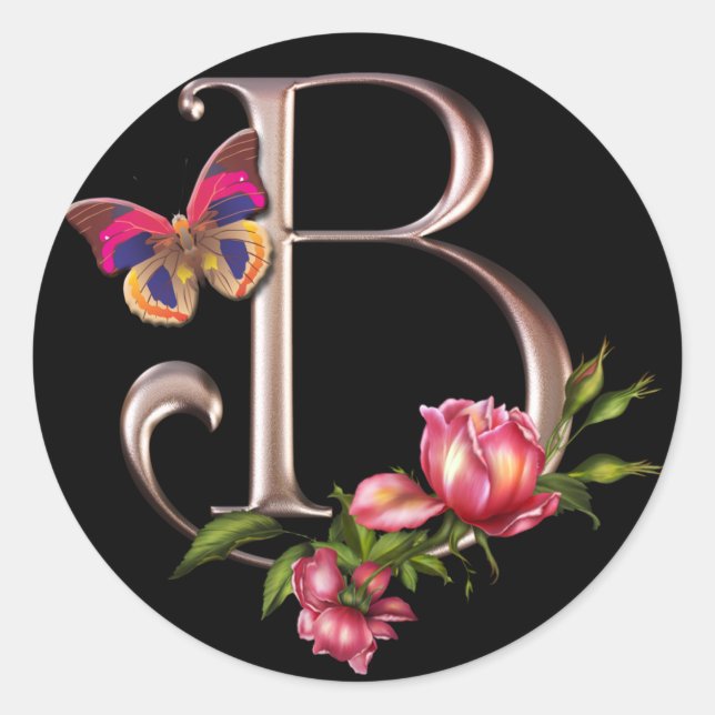 STICKER ROND LETTRE MONOGRAMME B AVEC ROSES ET BUTTERFER (Devant)