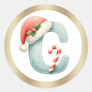 Sticker Rond Lettre monogramme C, chapeau de Père Noël Noël Au